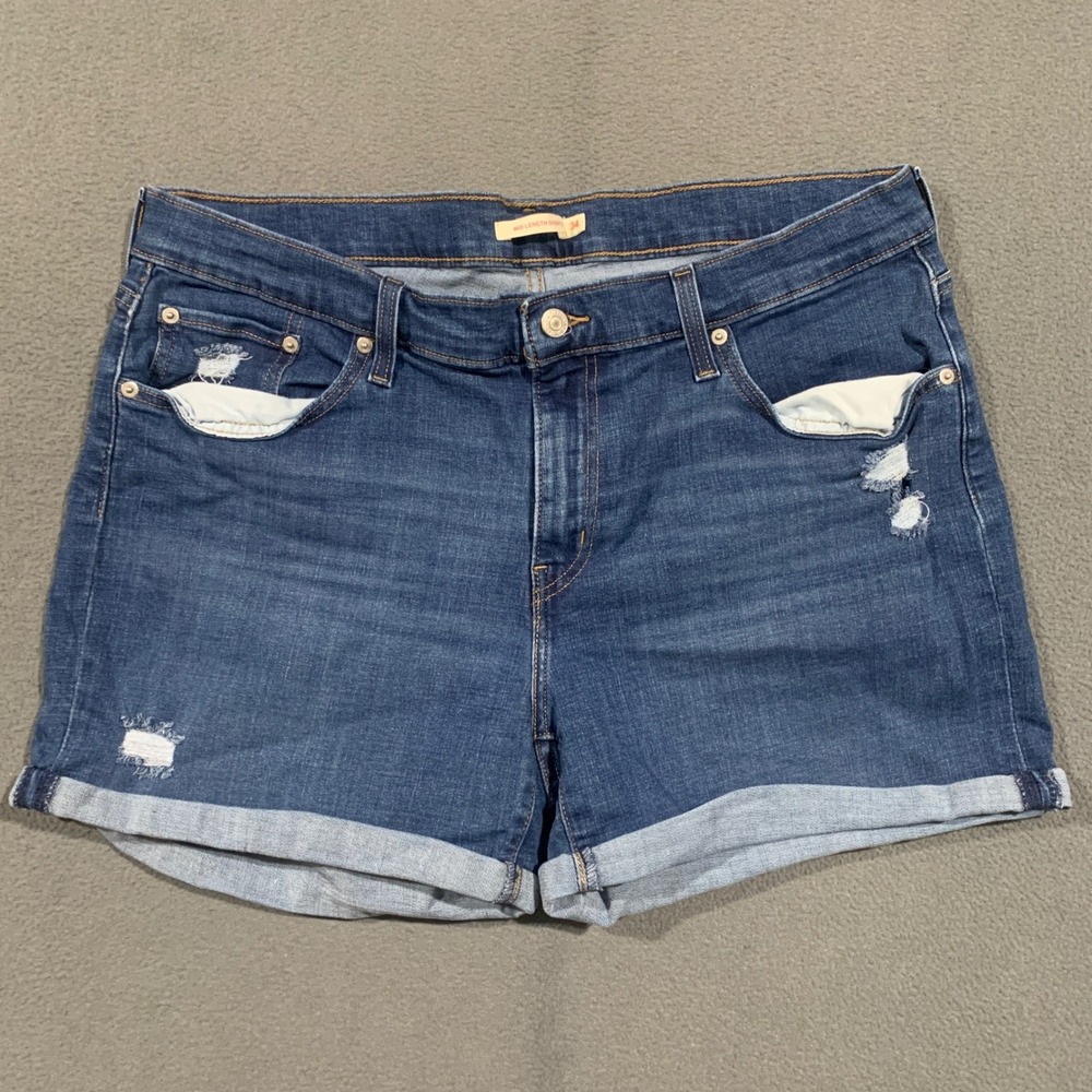 Levi's Mid Length Shorts Womens 34 Dark Wash Distressed Cuffed Denim Jean Shorts
